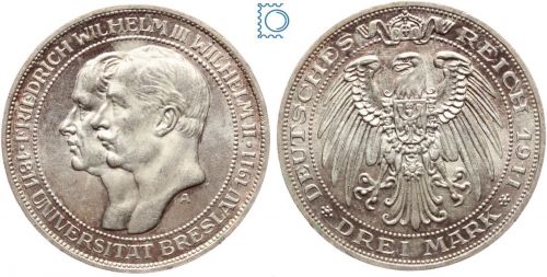 PREUSSEN, 3 Mark 1911 A, Wilhelm II., Universität Breslau - J108 vz