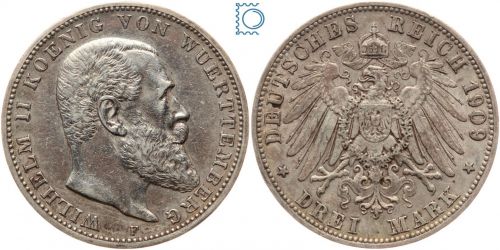 WÜRTTEMBERG, 3 Mark 1909 F, König Wilhelm II., Silber, J.175