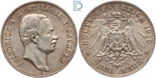 SACHSEN, 3 Mark 1910 E, König Friedrich August, Jg. 135