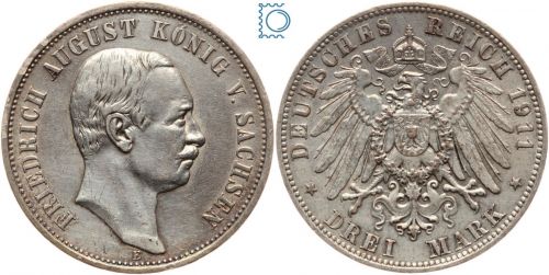 SACHSEN, 3 Mark 1911 E, König Friedrich August, Jg. 135