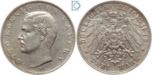BAYERN, 3 Mark, König Otto, 1912 D, J.47, SILBER
