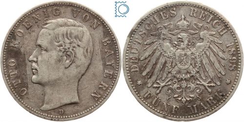 BAYERN, 5 Mark, König OTTO, 1898 D, J.46, Silber, hübsch!