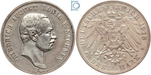SACHSEN, 3 Mark 1910 E, König Friedrich August, J.135