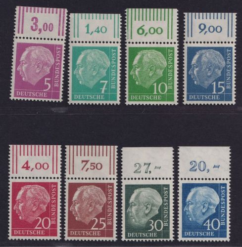 Bund Nr. 179y, 181y, 183y-186y, 259y, 260y Oberrand postfrisch - Heuss lumogen