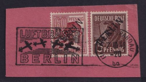 Berlin 6 + 14 gestempelt, Luftbrücke, geprüft Schlegel, 15+60 Pf Schwarzaufdruck