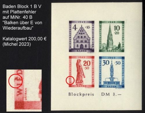 Französische Zone, Baden Block 1 B PF V postfrisch - Plattenfehler "Balken über E"