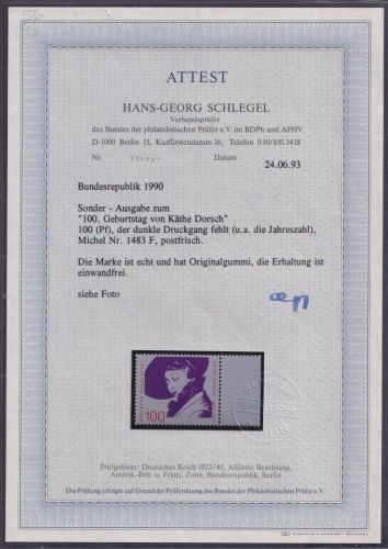 Bund, Michel Nr. 1483 F postfrisch - Abart: dunkle Farbe fehlt - Attest Schlegel BPP