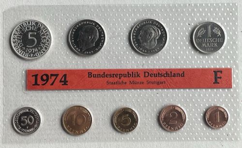 BRD KMS 1974 F - PP 1 Pf. - 5 Mark Silberadler Polierte Platte DM OVP
