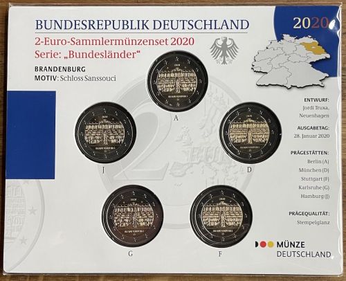 BRD 5 x 2 EURO 2020 st - ADGFJ - Schloss Sanssouci - OVP