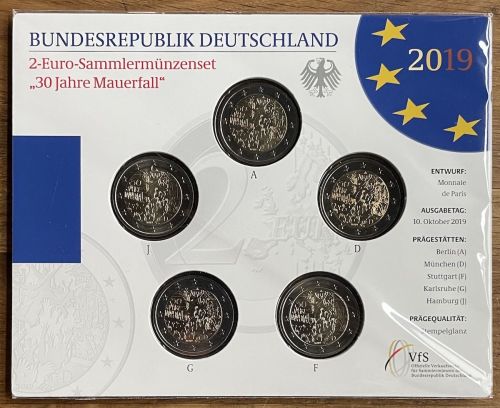 BRD 5 x 2 EURO 2019 st - ADGFJ - 30 Jahre Mauerfall - OVP