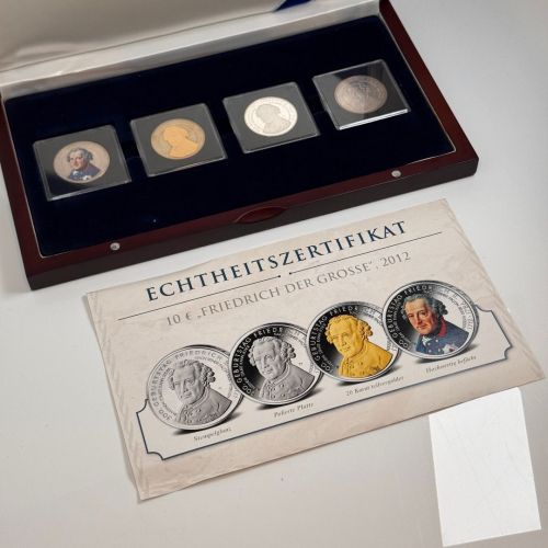 4 x 10€ Friedrich der Große stgl & Silber PP Farbaufdruck Goldapplikation in Box