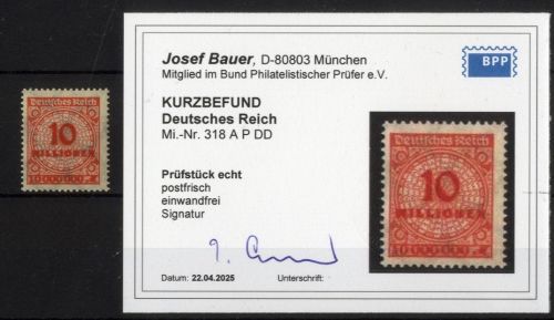 Deutsches Reich 318 A P DD postfrisch, Abart doppelter Wertdruck, geprüft Bauer