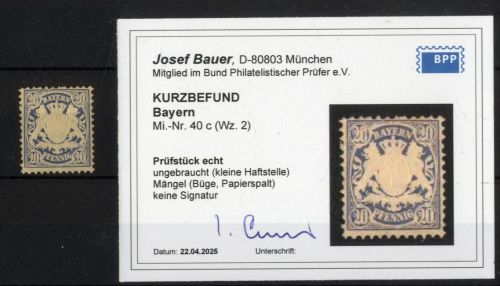 Bayern 1876 - 20 Pfennig Michel Nr. 40 c ungebraucht, geprüft Bauer BPP