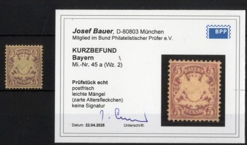 Bayern 1878 - 5 Pfennig Michel Nr. 45 a postfrisch, geprüpft Bauer BPP