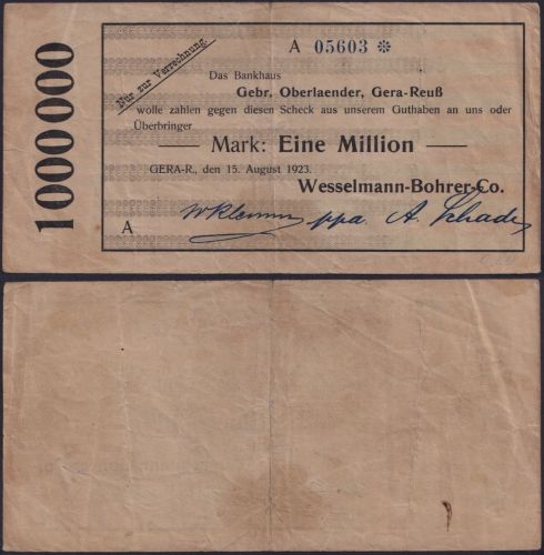 NOTGELD Gera-Reuß 1 Millionen Mark 15.08.1923 - Bankhaus Thüringen