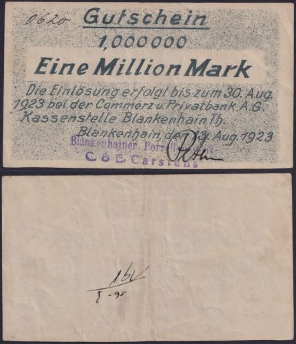 NOTGELD Blankenhain 1 Millionen Mark 13.08.1923 - Privatbank Thüringen