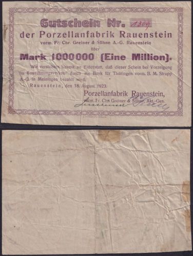 NOTGELD Rauenstein 1 Millionen Mark 18.08.1923 - Porzellanfabrik Thüringen