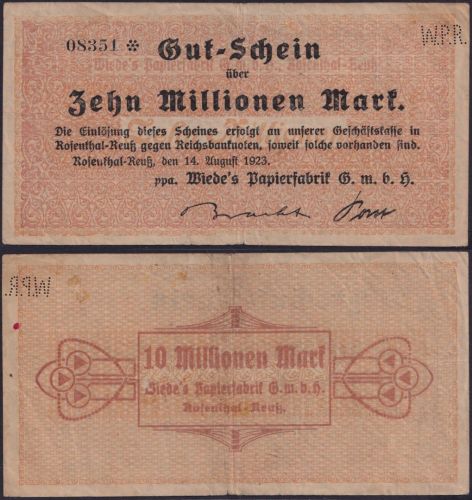 NOTGELD Rosenthal Reuß 10 Millionen Mark 14.08.1923 - Papierfabrik Thüringen
