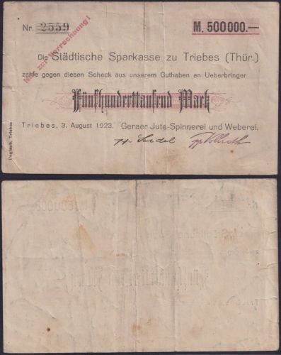 NOTGELD Gera 500.000 Mark 03.08.1923 - Städtische Sparkasse Triebes Thüringen