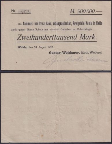 NOTGELD Weida 200.000 Mark 24.08.1923 - Gustav Weidauer Mech. Weberei Thüringen