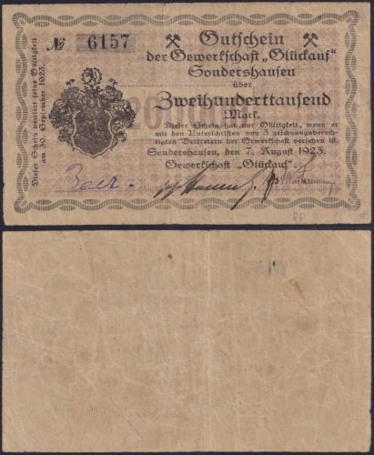 NOTGELD Sondershausen 200.000 Mark 07.08.1923 - Gewerksschaft Glückauf Thüringen