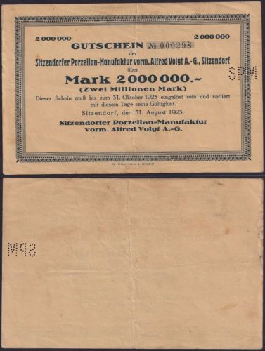 NOTGELD Sitzendorf 2 Millionen Mark 31.08.1923 - Porzellan-Manufaktur Thüringen