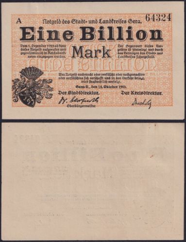NOTGELD Gera 1 Billionen Mark 15.10.1923 - Stadt- und Landkreis Thüringen
