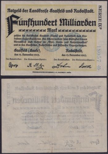 NOTGELD Saalfeld & Rudolfstadt 500 Milliarden Mark 13.11.1923 - Thüringen