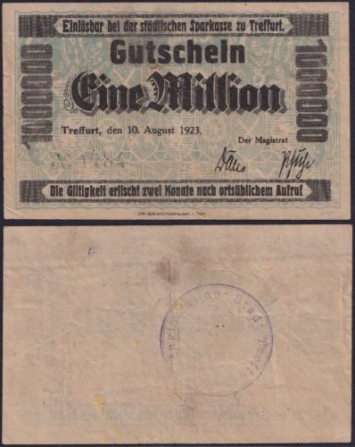NOTGELD Treffurt 1 Millionen Mark 10.08.1923 - städtische Sparkasse Thüringen