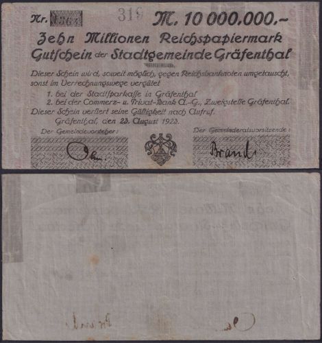 NOTGELD Gräfenthal 10 Millionen Mark 23.08.1923 - Stadtsparkasse Thüringen
