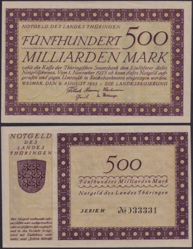 NOTGELD Weimar 500 Milliarden Mark 09.08.1923 - Landesregierung Thüringen