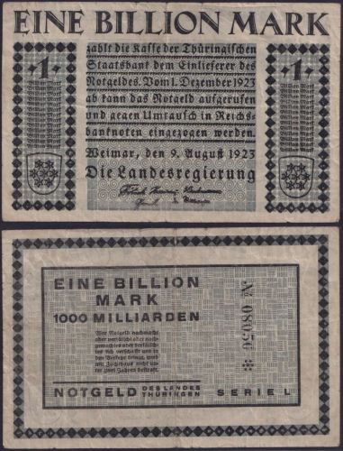 NOTGELD Weimar 1 Billion Mark 09.08.1923 - Landesregierung Thüringen