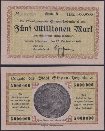 NOTGELD Singen-Hohentwiel 5 Millionen Mark 20.09.1923 - Stadtgemeinde Thüringen