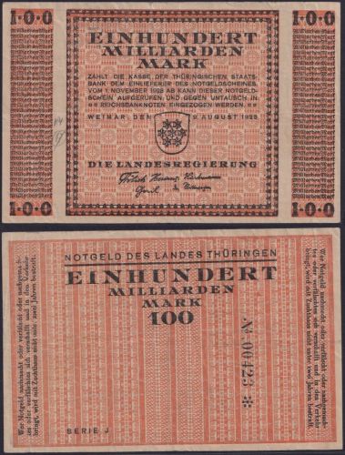 NOTGELD Weimar 100 Milliarden Mark 09.08.1923 - Landesregierung Thüringen