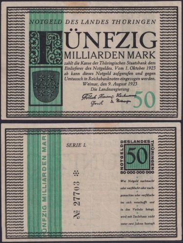 NOTGELD Weimar 50 Milliarden Mark 09.08.1923 - Landesregierung Thüringen