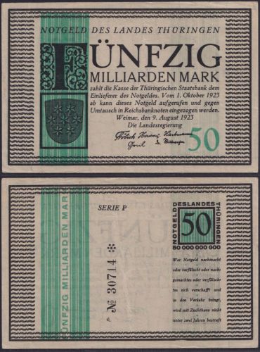 NOTGELD Weimar 50 Milliarden Mark 09.08.1923 - Landesregierung Thüringen