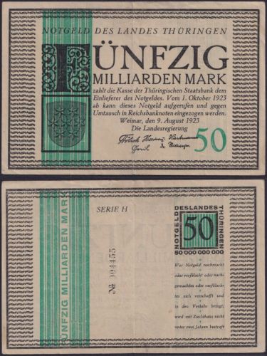 NOTGELD Weimar 50 Milliarden Mark 09.08.1923 - Landesregierung Thüringen