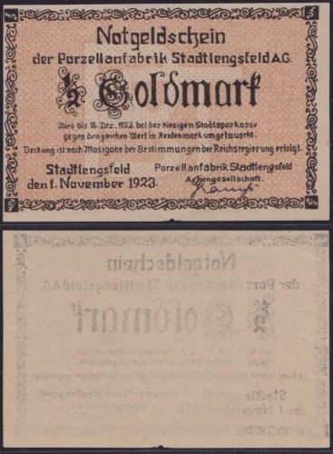 NOTGELD Stadtlengsfeld 1/2 Goldmark 01.11.1923 - Porzellanfabrik Thüringen