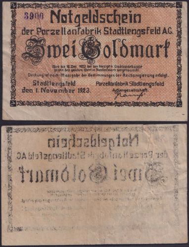 NOTGELD Stadtlengsfeld 2 Goldmark 01.11.1923 - Porzellanfabrik Thüringen
