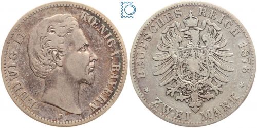 BAYERN, 2 Mark 1876 D, König Ludwig II., Silber, Jäger 41