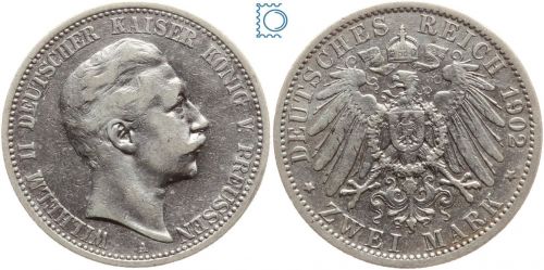 PREUSSEN, 2 Mark 1902 A, Wilhelm II.,Silber, Jäger 102
