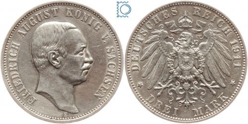 SACHSEN, 3 Mark 1911 E, König Friedrich August, Jg. 135