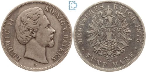 BAYERN, 5 Mark 1875 D, König Ludwig II., J.42, Silber
