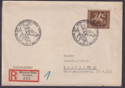 Deutsches Reich 671 y SST Brief gestempelt München-Riem 31.7.38 Braunes Band