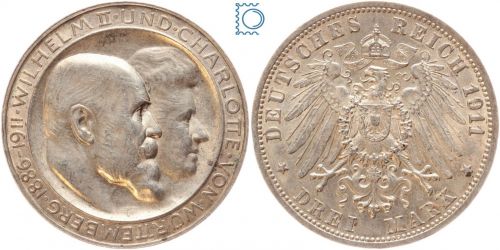 WÜRTTEMBERG, 3 Mark 1911 F, König Wilhelm II. & Charlotte, J.177