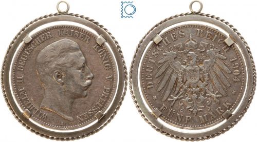PREUSSEN, 5 Mark 1904 A, Wilhelm II. - mit Fassung und Anhänger - 34,5g!