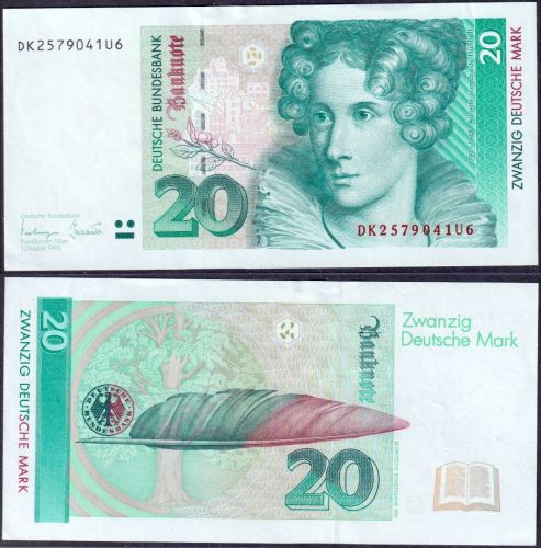 Banknote 20 DM Deutsche Mark Ro 304a/P39b Schein 1.8.1993 KN DK2579041U6 (I-)