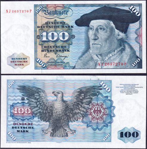 Banknote 100 DM Deutsche Mark Ro.289/P34d Schein 2. Jan. 1980 KN NJ2637270P UNC