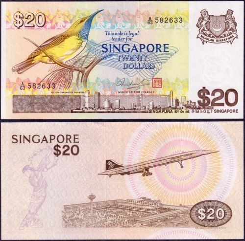 Singapur 20 Dollars 1979 P#12 UNC - Gelbbrust-Nektarvogel 新加坡 சிங்கப்பூர் -