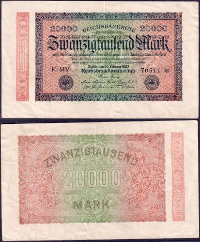Dt. Reich Zwanzigtausend Mark 20.02.1923 P#85a – Wz. Ringe KN 5-stellig
